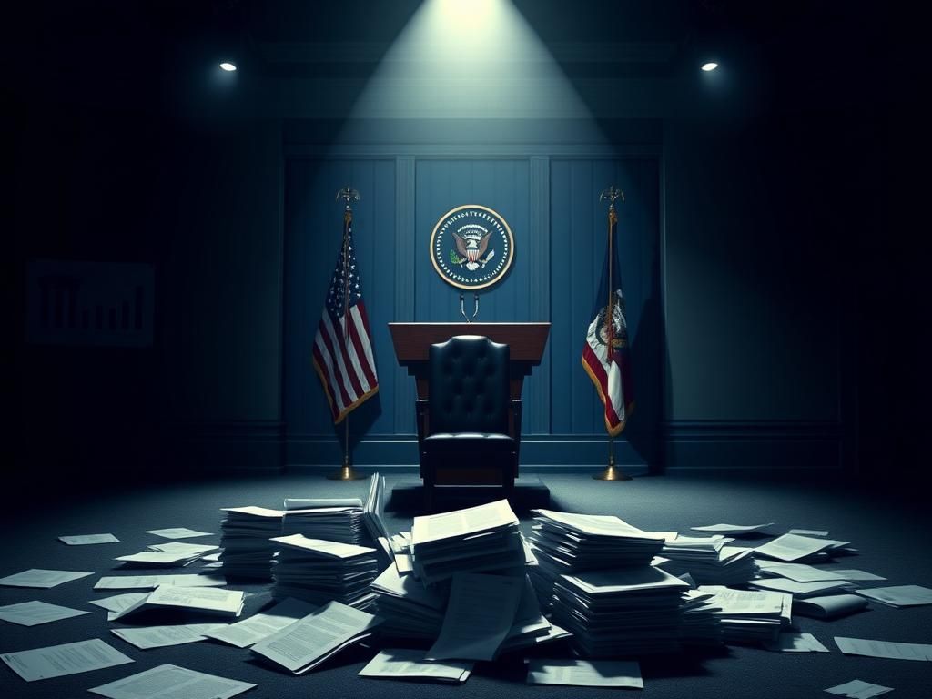 Flick International A stylized, empty White House press briefing room with a spotlight on a chair at the podium