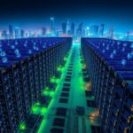 Flick International Panoramic view of a sprawling AI cloud computing infrastructure with glowing servers and data centers