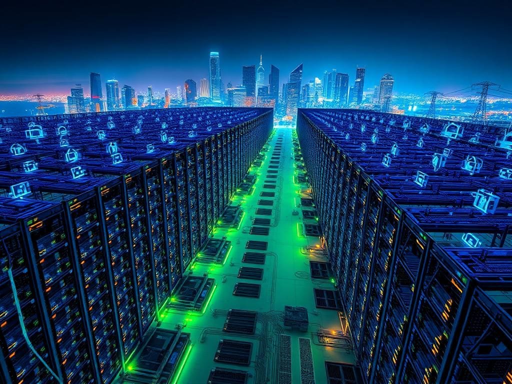 Flick International Panoramic view of a sprawling AI cloud computing infrastructure with glowing servers and data centers