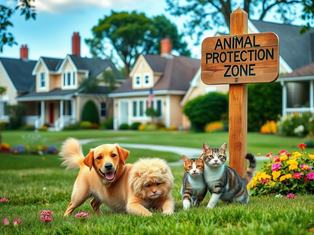 Flick International Happy dog and cat playing together in a neighborhood setting, symbolizing animal protection