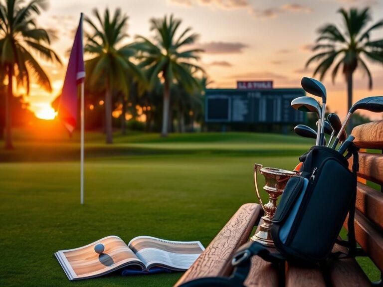 Flick International Serene golf course at sunset with a vibrant sky and golf equipment