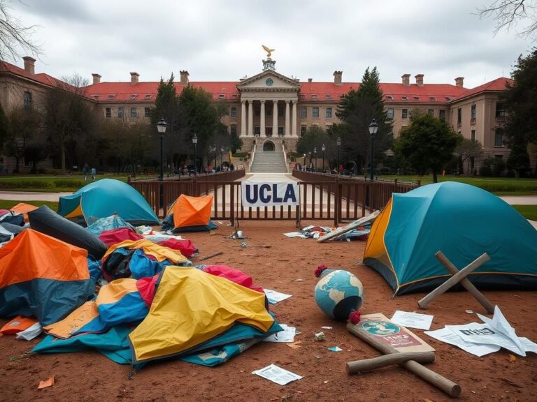 Flick International Crumpled protest tents and banners at UCLA campus post-demonstration