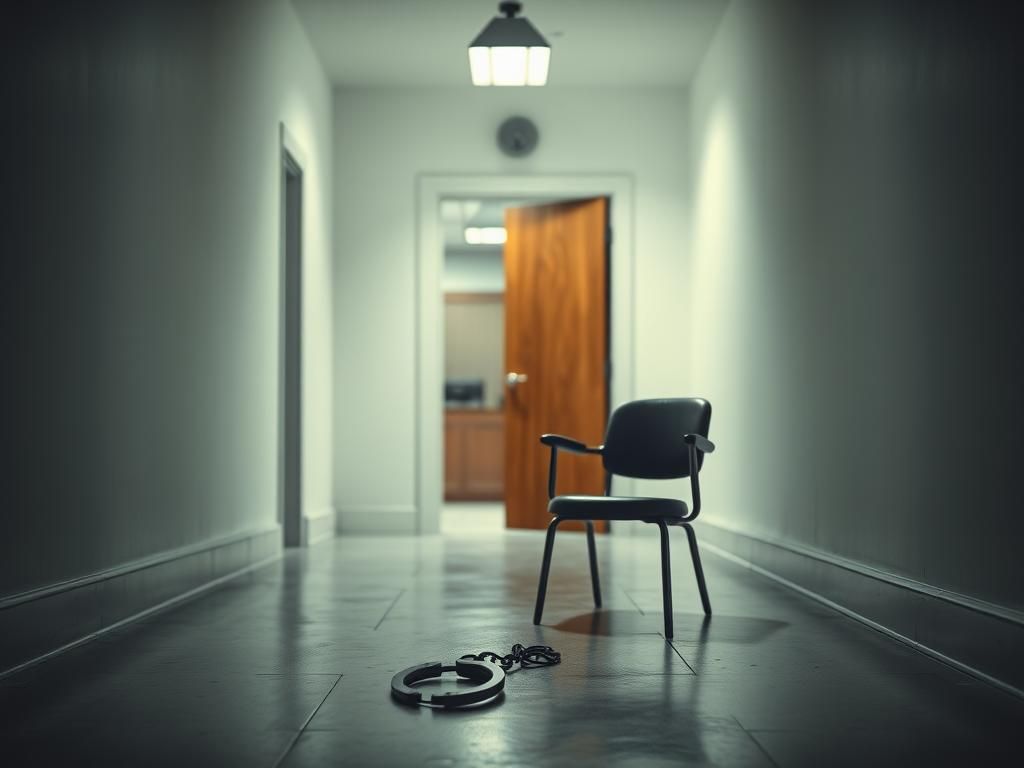 Flick International Abandoned handcuffs on a courthouse floor symbolizing confinement