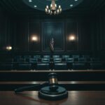 Flick International Dark courtroom setting with empty jury box and gavel symbolizing justice