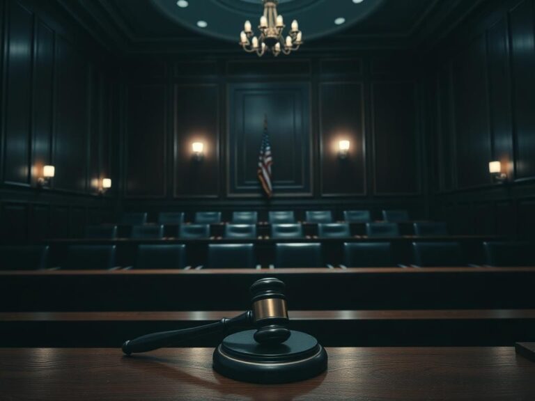 Flick International Dark courtroom setting with empty jury box and gavel symbolizing justice