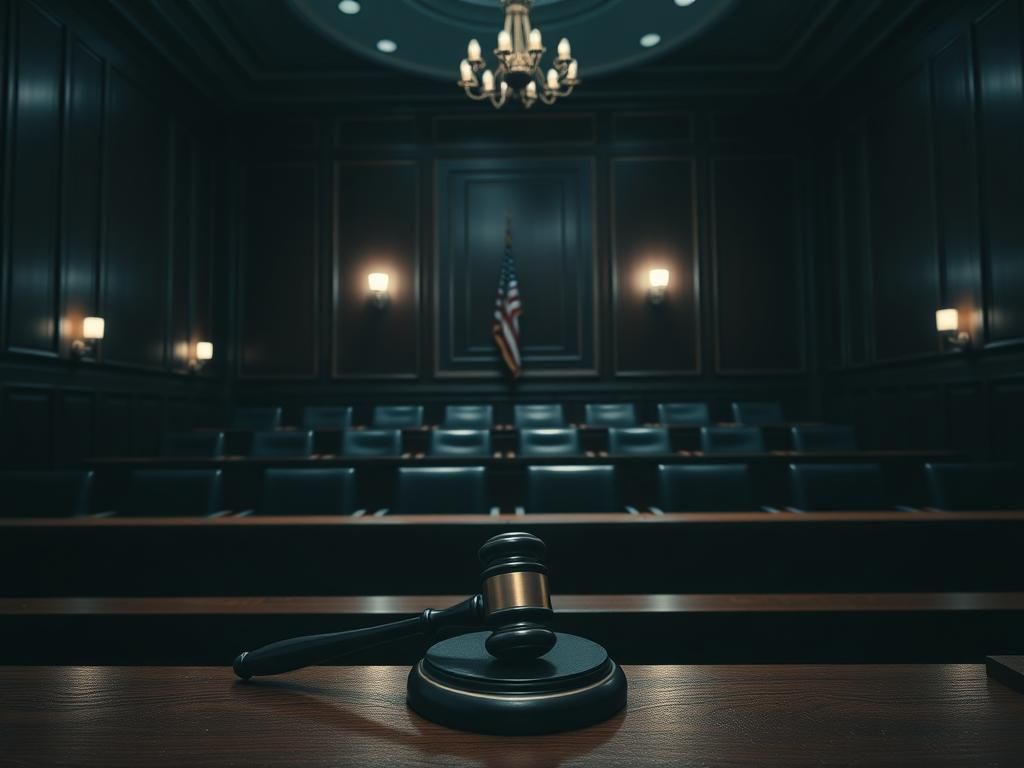 Flick International Dark courtroom setting with empty jury box and gavel symbolizing justice