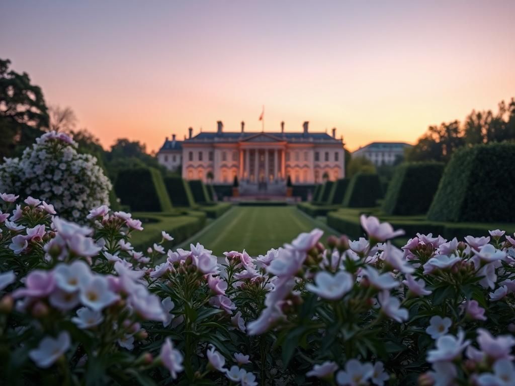 Flick International A serene royal garden at dusk symbolizing Kate Middleton's elegance and adaptability