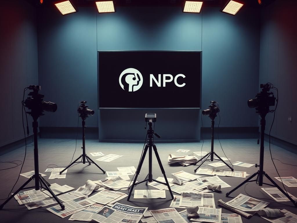 Flick International A stark, empty public broadcasting studio with PBS and NPR logos silhouetted against a dark screen.