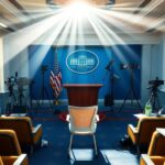 Flick International Empty podium in the James S. Brady Press Briefing Room highlighting the new media seat