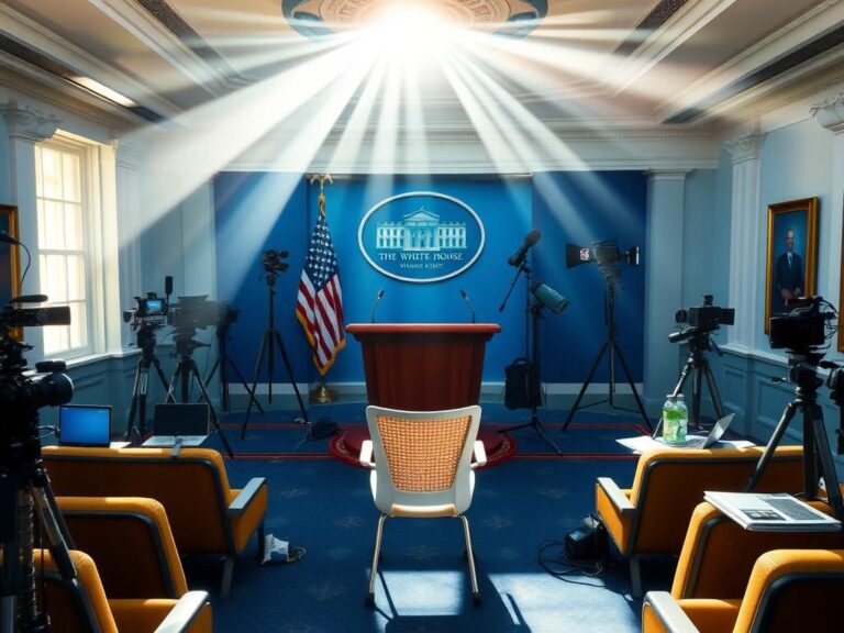Flick International Empty podium in the James S. Brady Press Briefing Room highlighting the new media seat