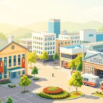 Flick International Vibrant town square featuring a public school, hospital, and fire station symbolizing community support.