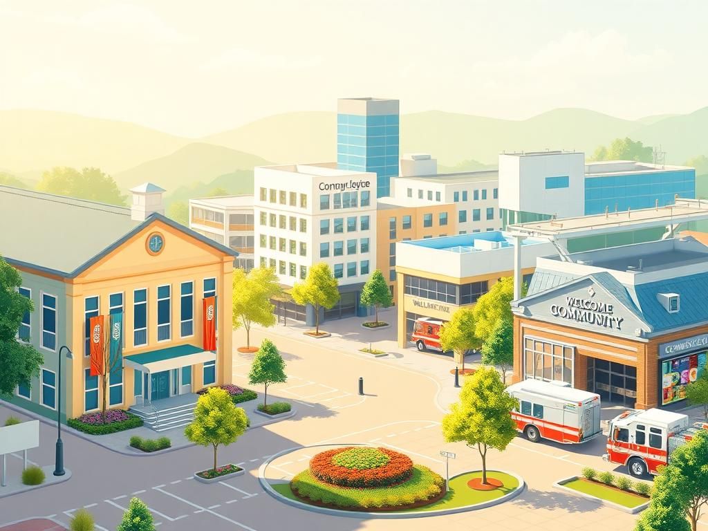 Flick International Vibrant town square featuring a public school, hospital, and fire station symbolizing community support.