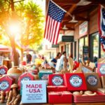 Flick International A bustling American marketplace showcasing handcrafted items labeled 'Made in the USA'