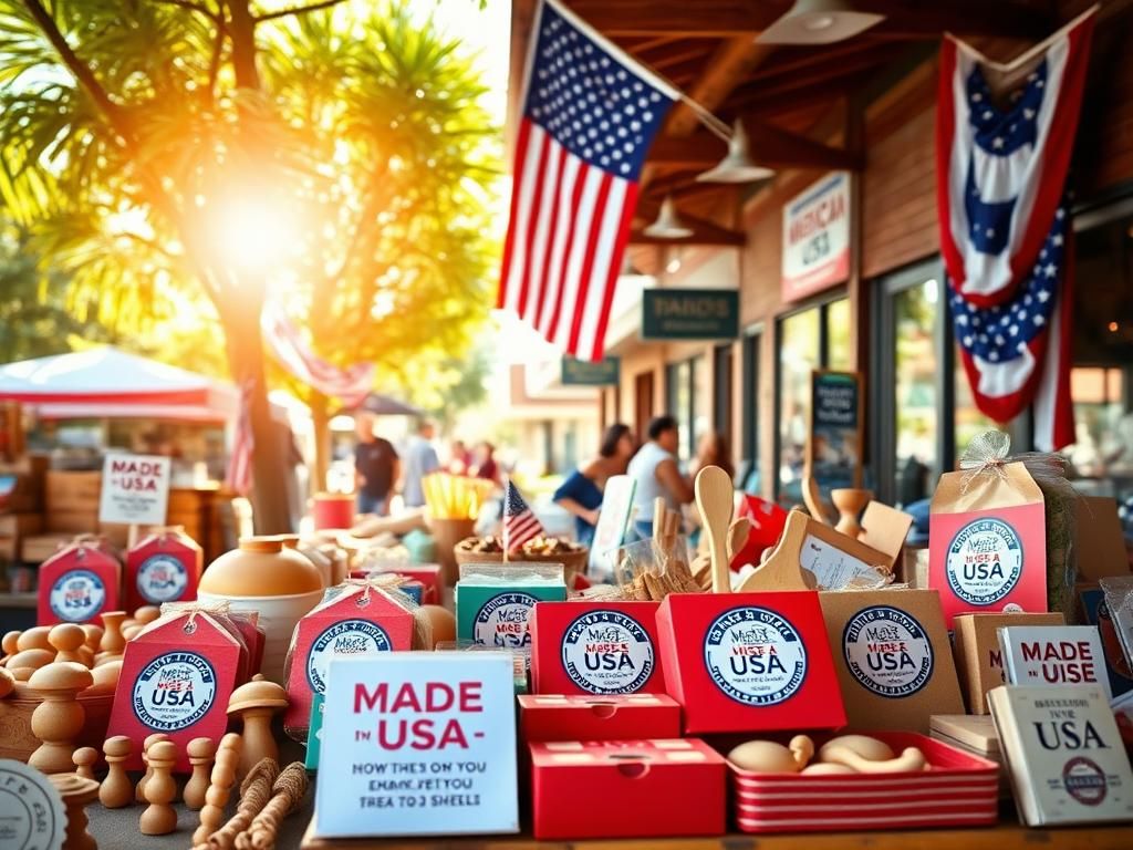 Flick International A bustling American marketplace showcasing handcrafted items labeled 'Made in the USA'