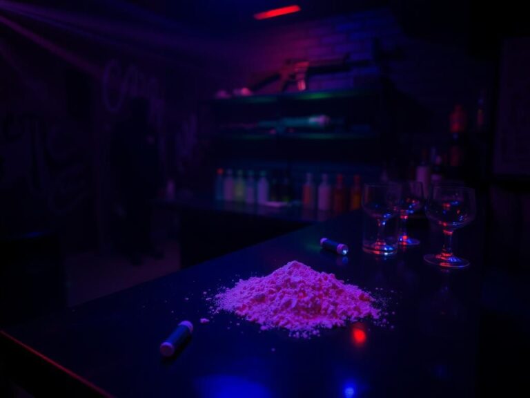 Flick International Dark underground nightclub interior with shadows and neon lighting