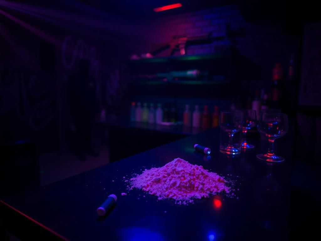 Flick International Dark underground nightclub interior with shadows and neon lighting