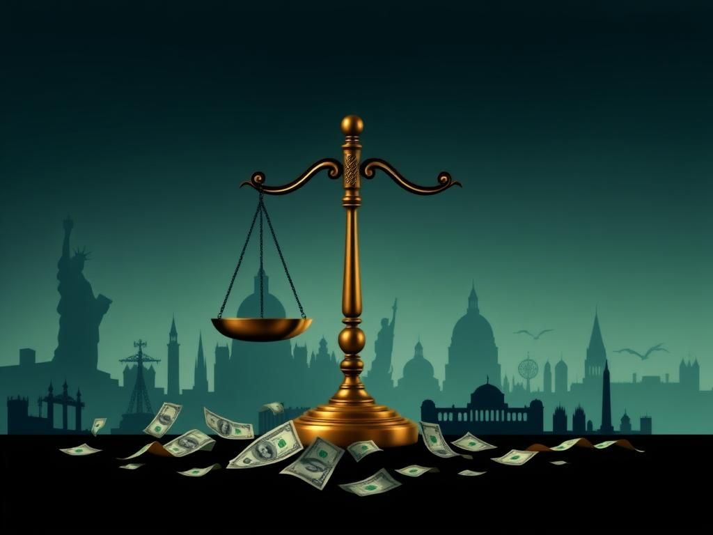 Flick International A symbolic representation of government efficiency with a balance scale and fragmented dollar bills