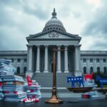 Flick International Conceptual image of the Congressional Budget Office building with health policy documents and symbols illustrating partisan balance