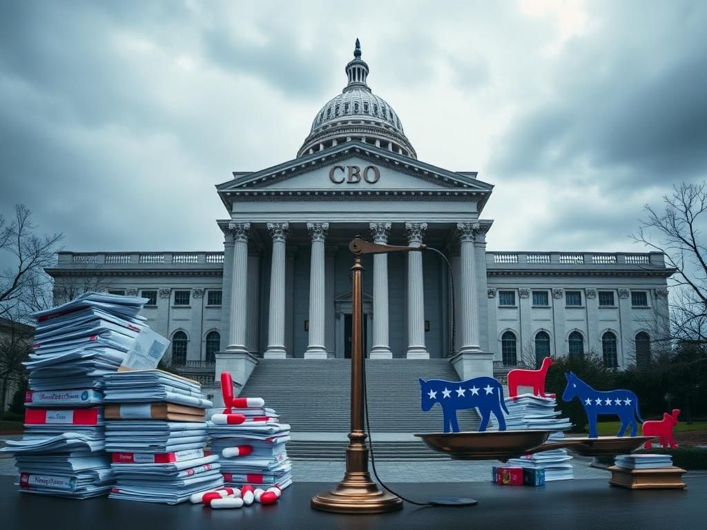 Flick International Conceptual image of the Congressional Budget Office building with health policy documents and symbols illustrating partisan balance