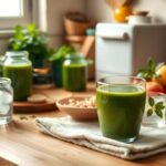 Flick International A vibrant kitchen scene showcasing a green longevity smoothie and fresh nutritious ingredients