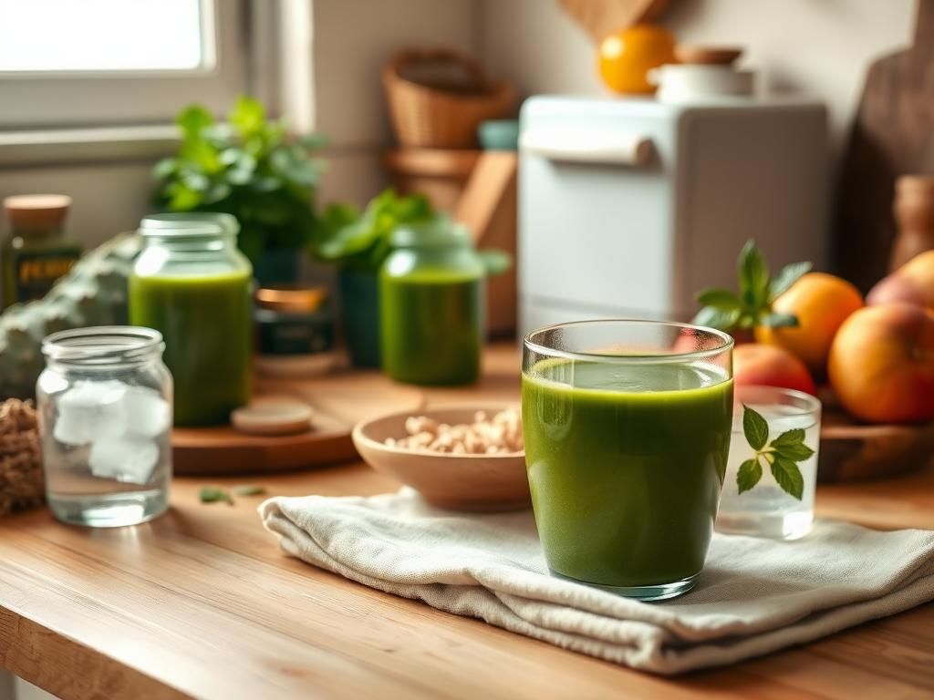 Flick International A vibrant kitchen scene showcasing a green longevity smoothie and fresh nutritious ingredients