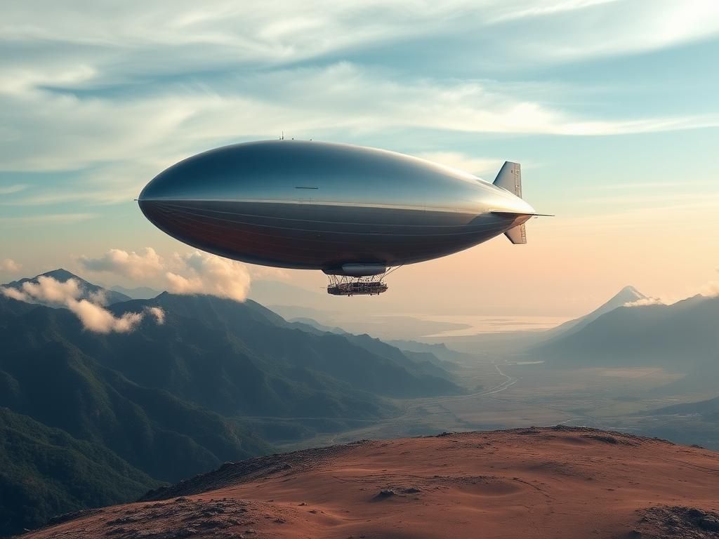 Flick International Hybrid airship Z1 soaring over diverse landscapes including rainforest, mountains, and ice caps