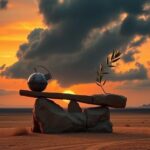 Flick International Dramatic landscape symbolizing US-Iran diplomacy with a large rock formation shaped like a broken scale balancing a bomb and an olive branch.