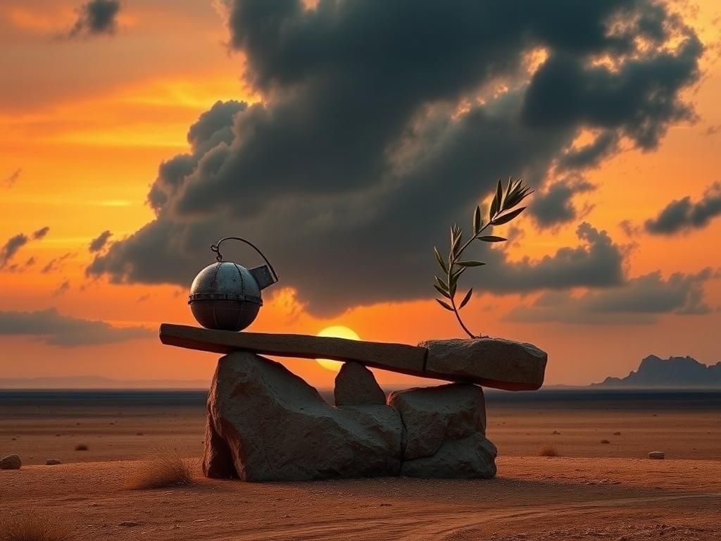 Flick International Dramatic landscape symbolizing US-Iran diplomacy with a large rock formation shaped like a broken scale balancing a bomb and an olive branch.