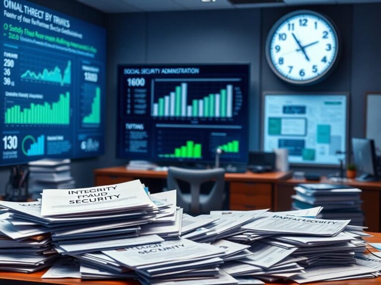 Flick International Office environment focused on the Social Security Administration with paperwork on integrity and fraud prevention.
