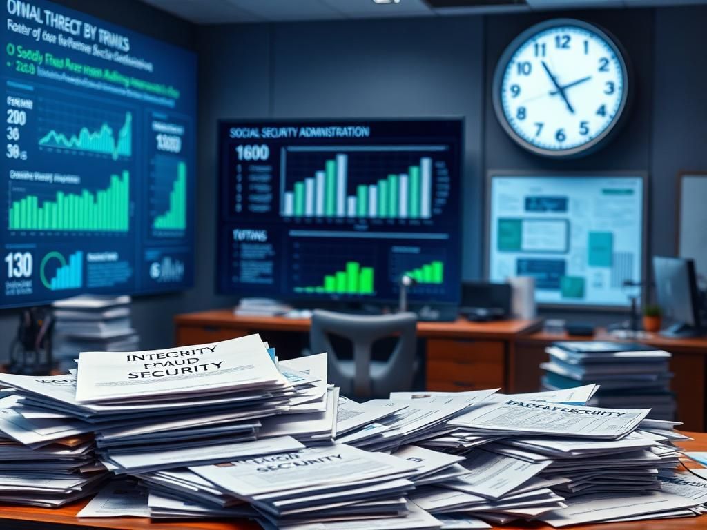 Flick International Office environment focused on the Social Security Administration with paperwork on integrity and fraud prevention.
