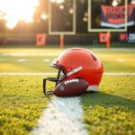 Flick International Vibrant football field with quarterback helmet during practice