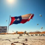 Flick International Large Texas state flag waving against a blue sky with cracked pavement and scattered dollar bills
