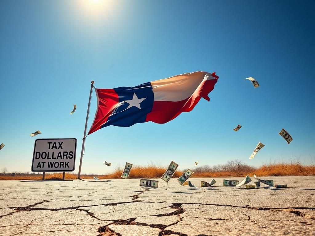 Flick International Large Texas state flag waving against a blue sky with cracked pavement and scattered dollar bills