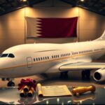 Flick International Grand Boeing 747-8 jet in a luxurious hangar setting with Qatar's flag in the background