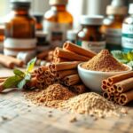 Flick International Close-up of assorted cinnamon types on a rustic wooden table with medicine bottles in the background