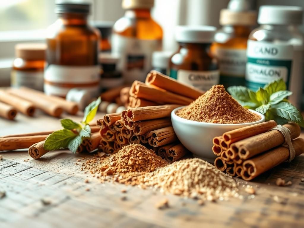 Flick International Close-up of assorted cinnamon types on a rustic wooden table with medicine bottles in the background