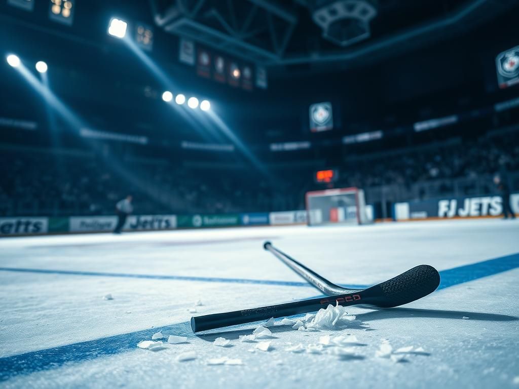 Flick International Close-up of an abandoned stick on the ice at a hockey rink during a playoff game