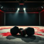Flick International Close-up of an empty UFC octagon with red stains on the canvas after a fierce fight