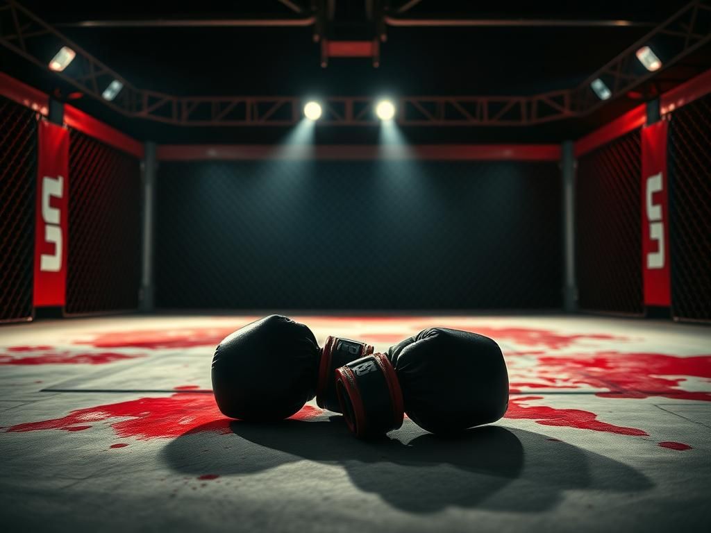 Flick International Close-up of an empty UFC octagon with red stains on the canvas after a fierce fight