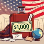 Flick International Conceptual illustration of a symbolic $1,000 bill surrounded by travel essentials, representing Trump's self-deportation plan.