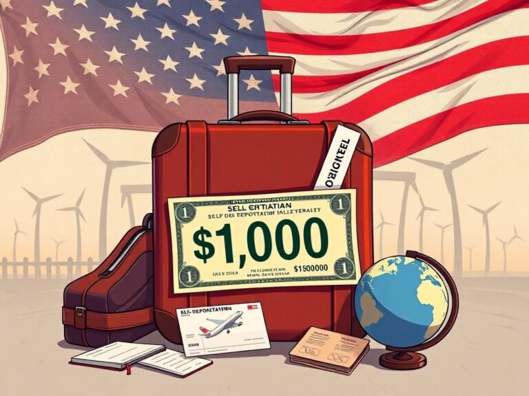 Flick International Conceptual illustration of a symbolic $1,000 bill surrounded by travel essentials, representing Trump's self-deportation plan.