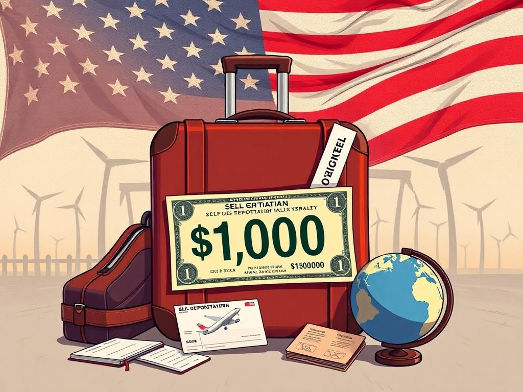 Flick International Conceptual illustration of a symbolic $1,000 bill surrounded by travel essentials, representing Trump's self-deportation plan.