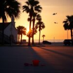 Flick International serene sunset beach scene on Sullivan's Island with scattered children’s toys