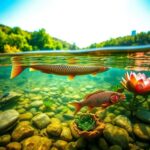 Flick International Large redhorse sucker and redear sunfish swimming in a tranquil West Virginia river