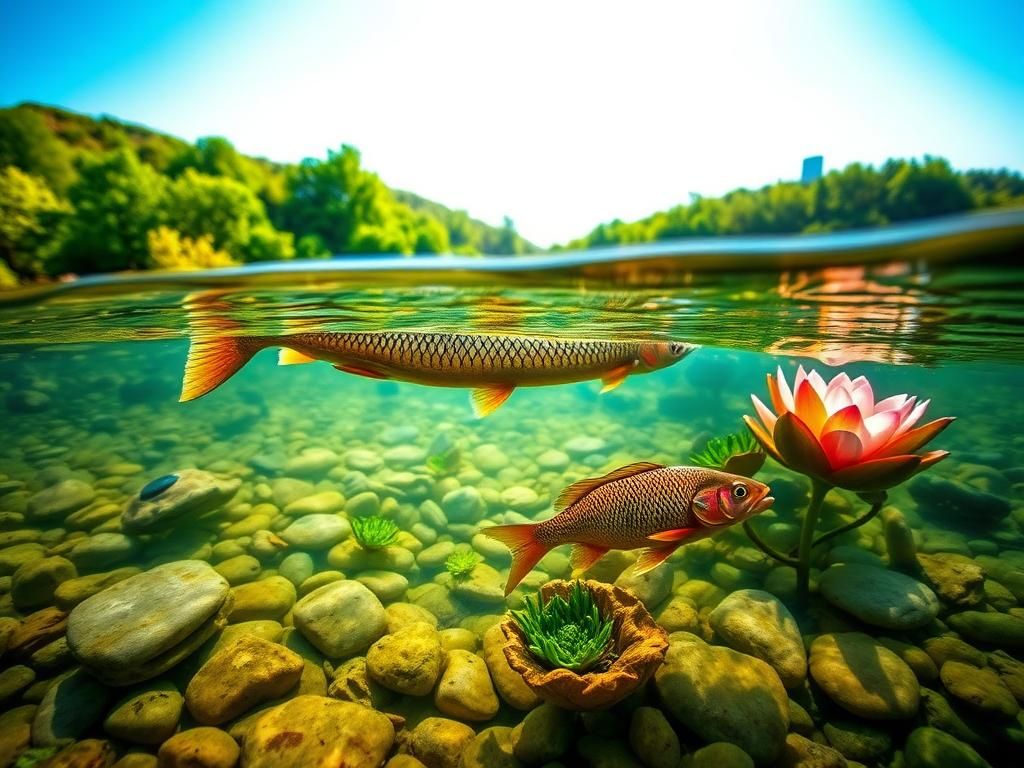 Flick International Large redhorse sucker and redear sunfish swimming in a tranquil West Virginia river