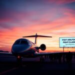 Flick International A sleek private jet parked at a busy airport runway during twilight, reflecting the vibrant sunset colors.