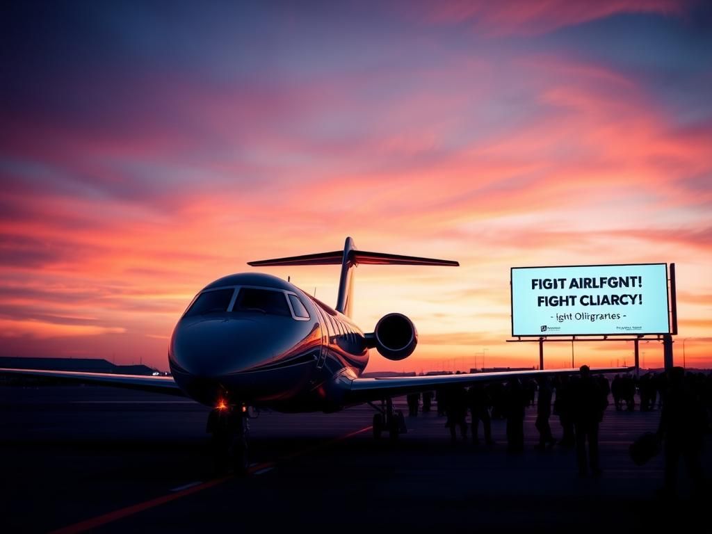 Flick International A sleek private jet parked at a busy airport runway during twilight, reflecting the vibrant sunset colors.