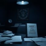 Flick International A dimly lit office with an empty desk covered in official documents and an ominous binder labeled 'Internal Affairs Investigation'.