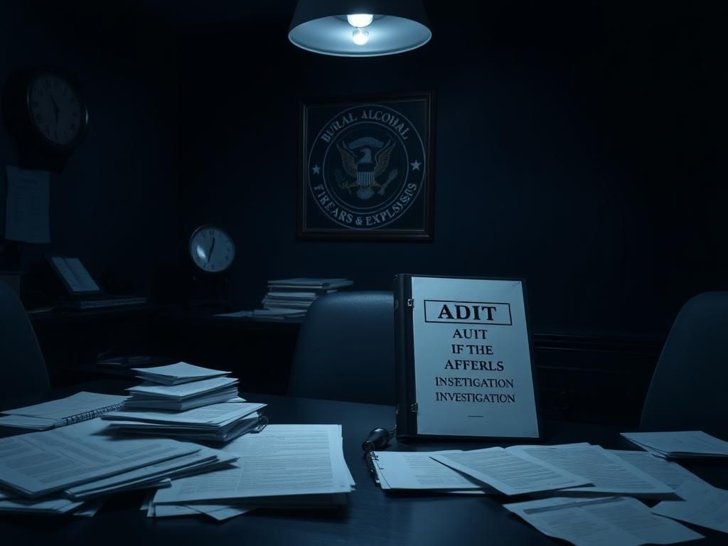 Flick International A dimly lit office with an empty desk covered in official documents and an ominous binder labeled 'Internal Affairs Investigation'.