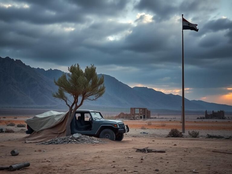 Flick International Barren Syrian landscape with abandoned military vehicle symbolizing loss and resilience